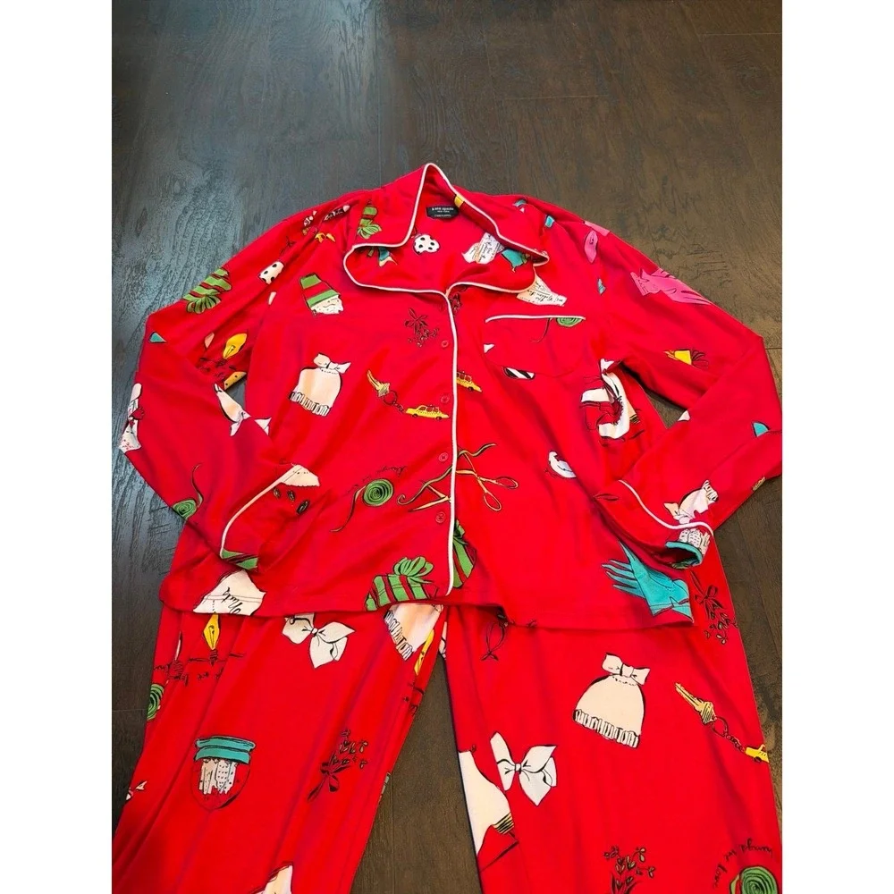 Kate Spade Novelty Print Pajama Set Red Womens Sleepwear Button Front Lounge Set